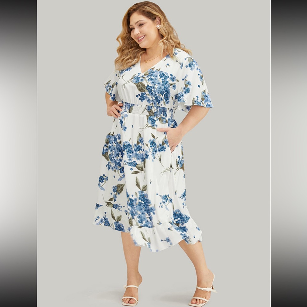 Bloomchic Floral Split Belted Surplice Neck Pocket Ruffles Dress US 30